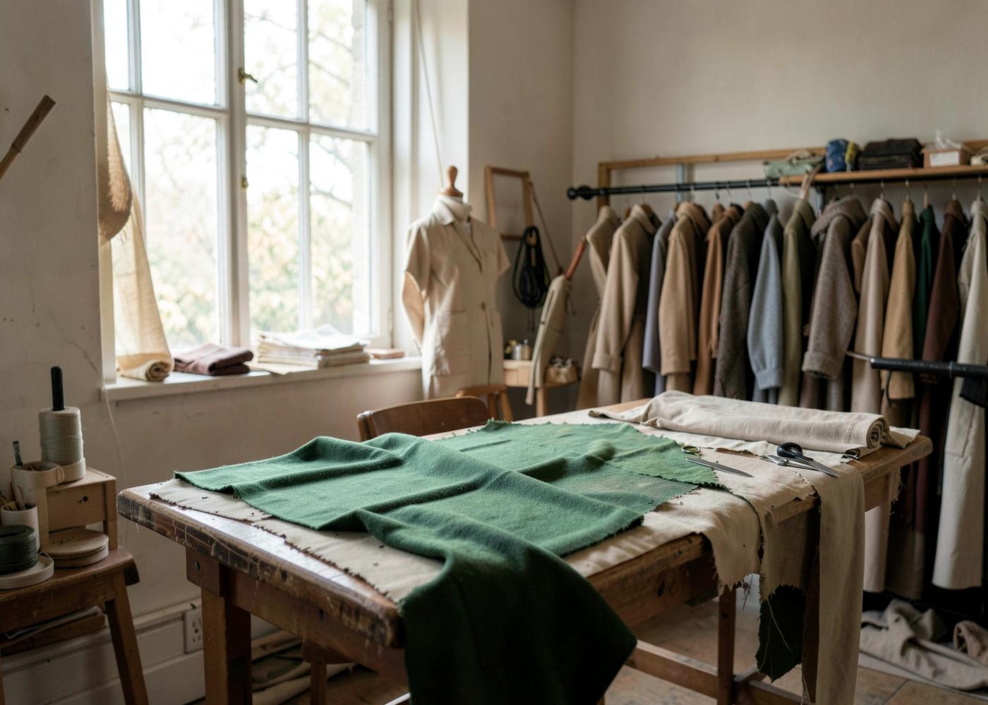 Grayhaven studio table with green wool being cut